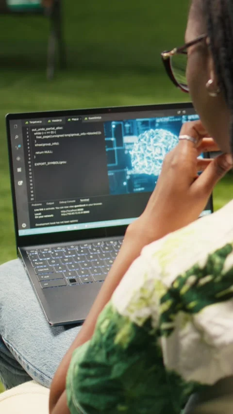 Vertical Video Woman engineering student using AI neural networks on laptop Stock Footage 341321477