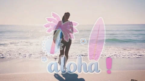 Vertical video: Woman exiting from waves to cam trading board for disk showing Stock Footage 333018551