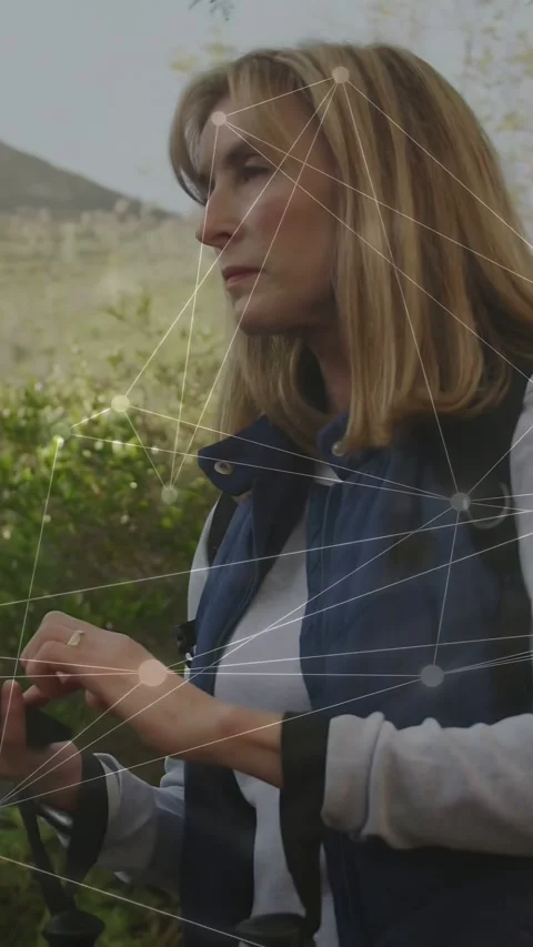 Vertical video: Woman fixing pack strap as tech network overlay mapping nodes Stock Footage 334297113