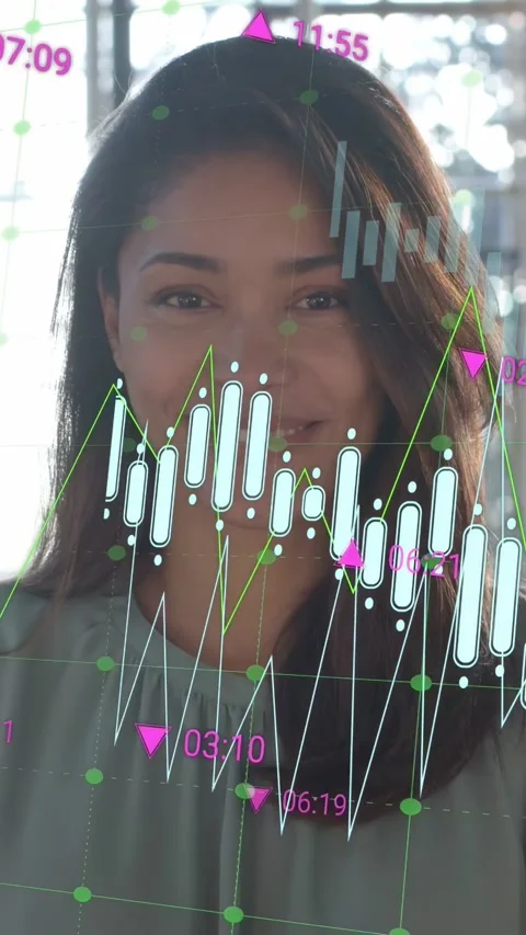 Vertical video: Woman by grid window, finance charts appearing on face, sliding, Stock Footage 333913224