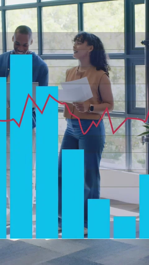 Vertical video: Woman holding docs, man with laptop in business animated chart Stock Footage 331050419