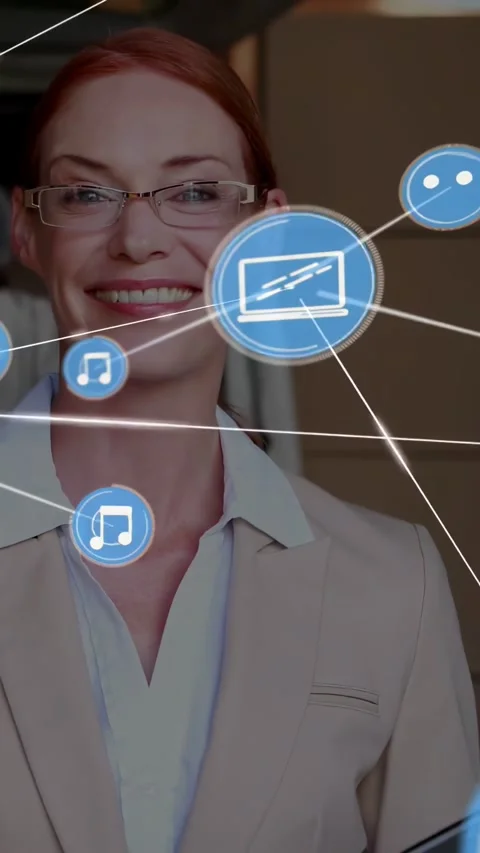 Vertical video: Woman holding folder smiling, causing blue icons emerging as Stock Footage 334540906