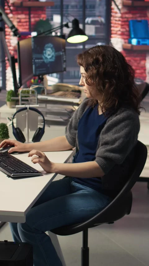 Vertical Video Woman IT developer using pc setup for artificial intelligence Stock Footage 308492824