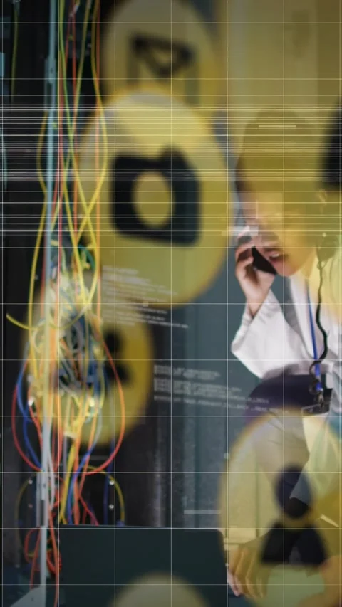 Vertical video: woman IT tech receiving overlay icons checking cables calling Stock Footage 334390741