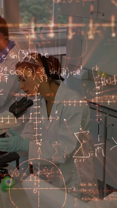 Vertical video: Woman lab tech leaning into scope and checking slide while math Stock Footage 335264131