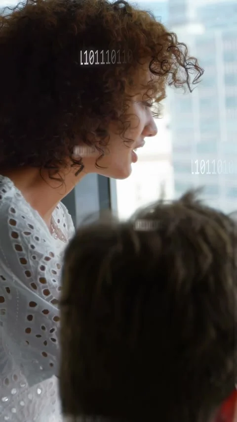 Vertical video: Woman leaning and glancing down, causing binary overlay during Stock Footage 334046852