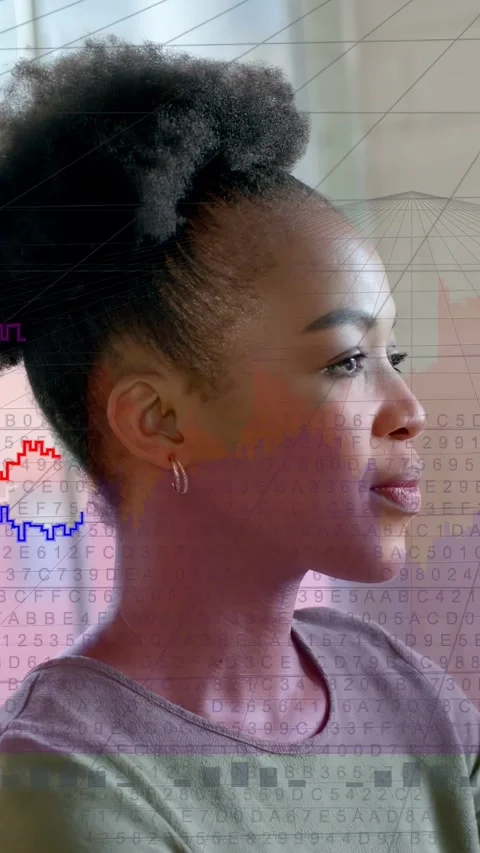Vertical video: Woman leaning, causing data matrix and charts sweeping across Stock Footage 333303949