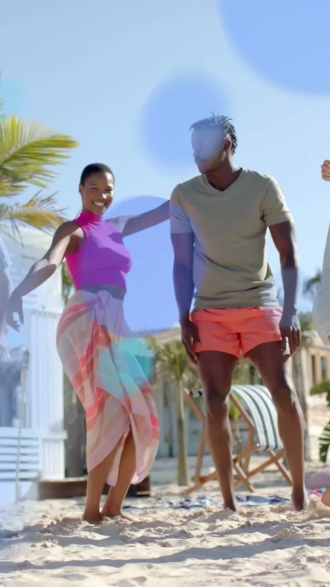 Vertical video: Woman lifting arm starting dance man syncing steps while dots Stock Footage 333157853