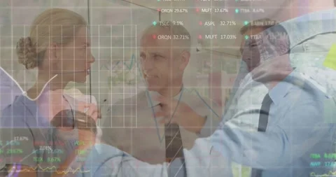 Vertical video: Woman marking on glass, group pointing while market data Stockbeeldmateriaal 331567853