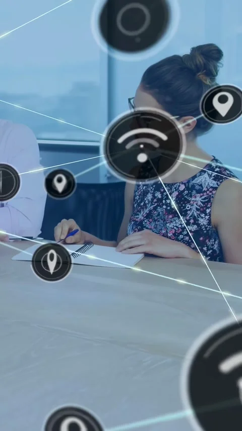 Vertical video: Woman noting while man pointing, sparking map pins overlaying Stock Footage 334187644