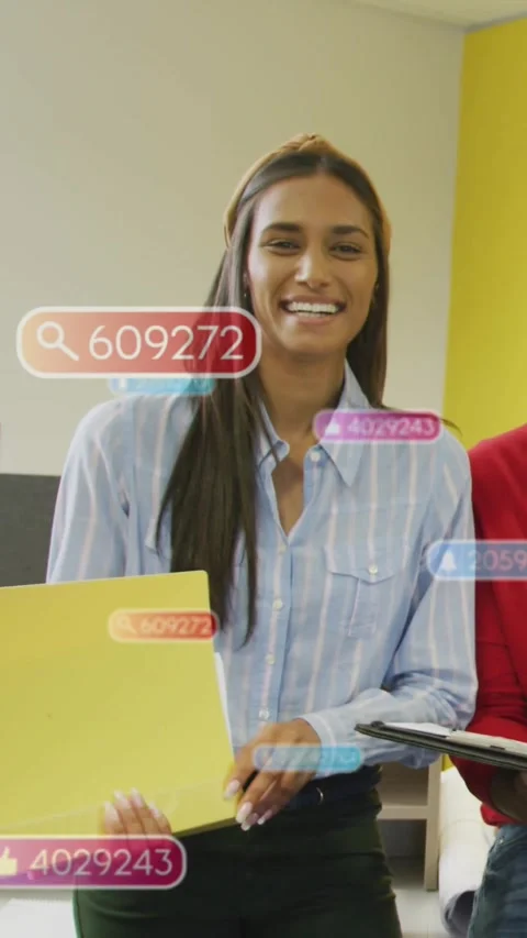 Vertical video: Woman opening folder, UI badges popping and drifting, tucking Stock Footage 331790291