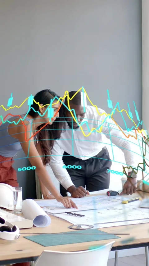 Vertical video: Woman pointing plan, man measuring plan in design aligning sizes Stock Footage 334296797