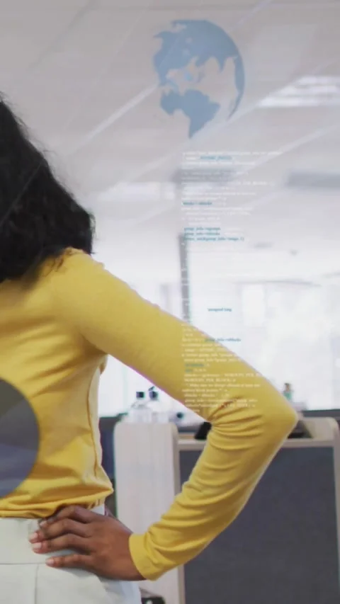 Vertical video: Woman posing, camera panning sparking globe code charts layering Stock Footage 334602785