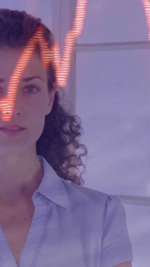 Vertical video: Woman posing tech graph sweeping face starting data, turning Stock Footage 328332275