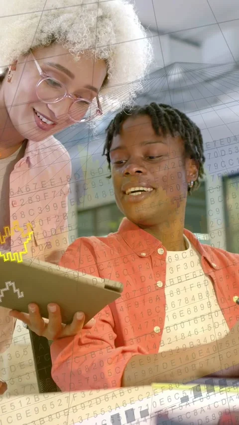 Vertical video: Woman presenting tablet to seated man, reviewing business data Stock Footage 334694884