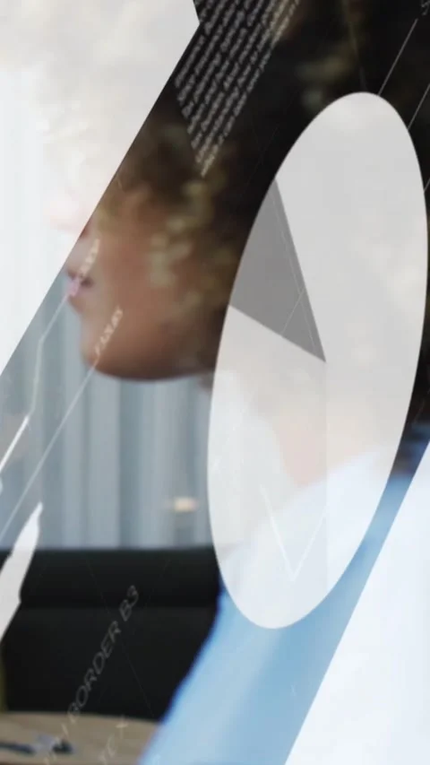 Vertical video: Woman in profile with data charts sliding right, covering face, Stock Footage 334547607