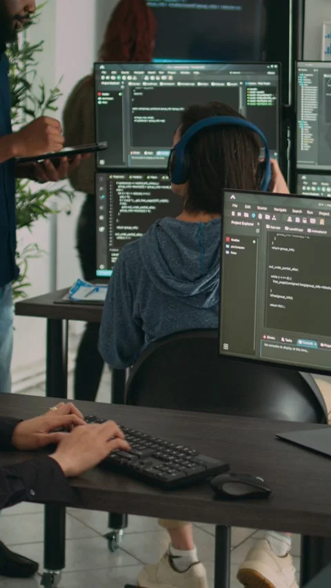 Vertical video: Woman programer typing source code on computer keyboard Stock Footage 218575756