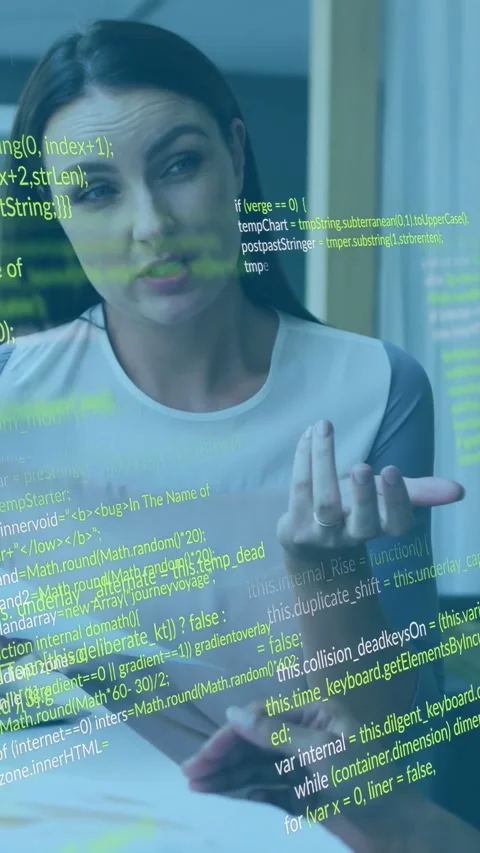 Vertical video: Woman reading doc, gesturing while peer pointing, code overlay Stock Footage 333611064