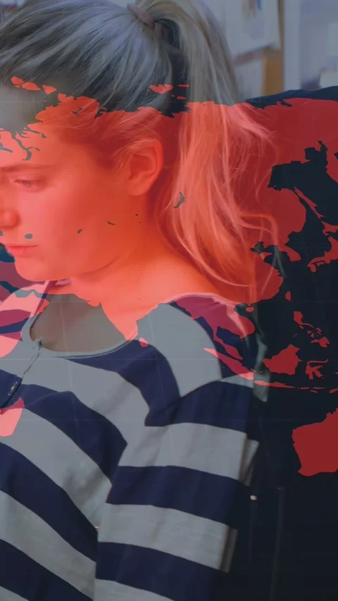 Vertical video: Woman reading notes, red map layer growing with nodes tracing Stock Footage 329703484
