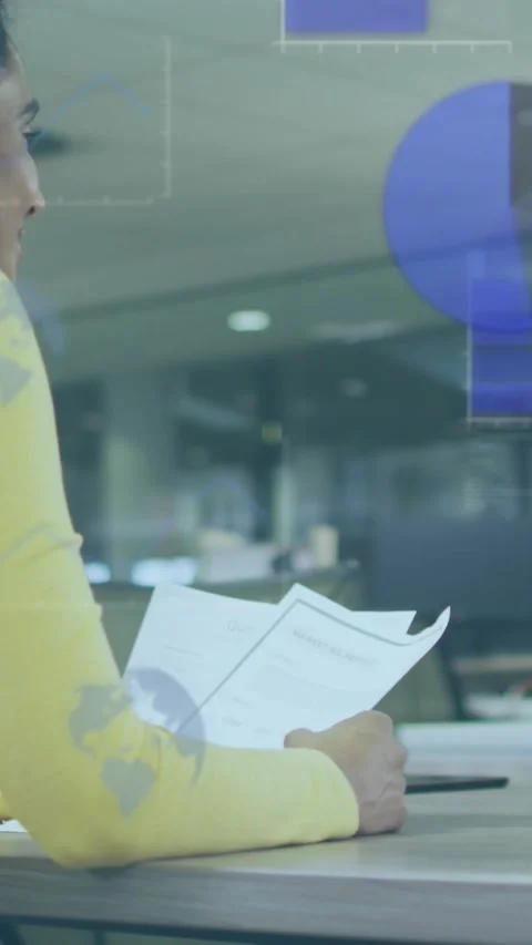 Vertical video: Woman scanning documents, causing blue charts, extending hand to Stock Footage 334602738