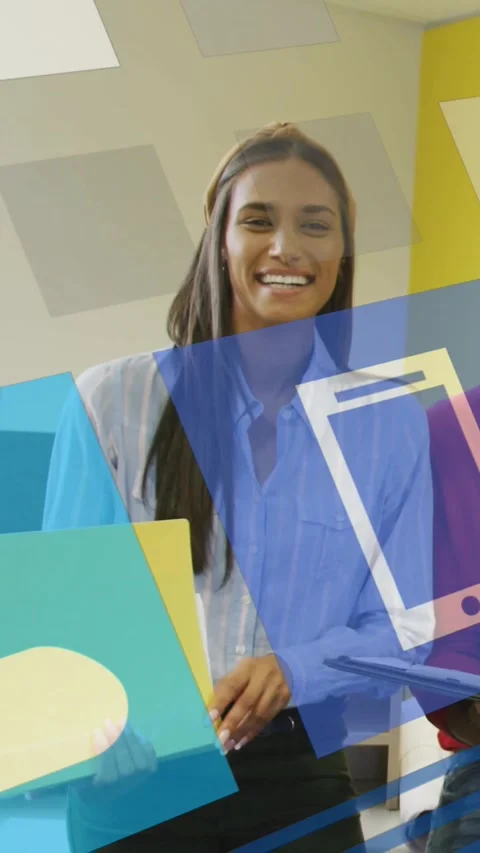 Vertical video: Woman showing folder in office while icons sliding across camera Stock Footage 334386779