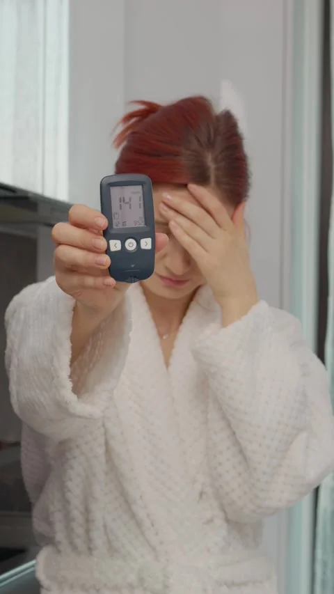 Vertical video Woman shows glucometer reading of high blood sugar in kitchen Stock Footage 346713396
