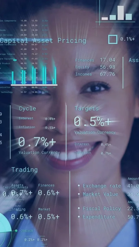 Vertical video: Woman smiling as data updating overlaying face, finance HUD Stock Footage 334377888