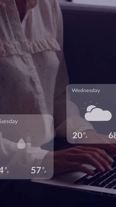 Vertical video: Woman on sofa opening weather app, typing with cards sliding Stock Footage 334694928