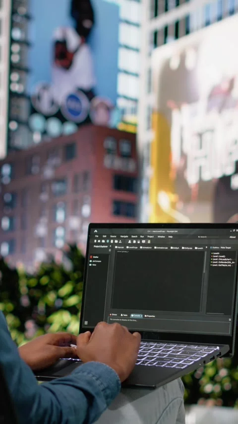 Vertical Video Woman software developer writing code on laptop and relaxing on Stock Footage 334202642