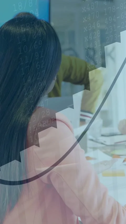 Vertical video: Woman sorting files as team adding notes sparking graph overlay Stock Footage 333006264