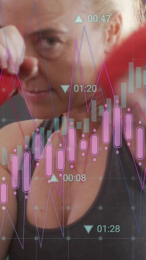 Vertical video: Woman starting timer, keeping guard and jabbing while pink bars Video stock 332317529