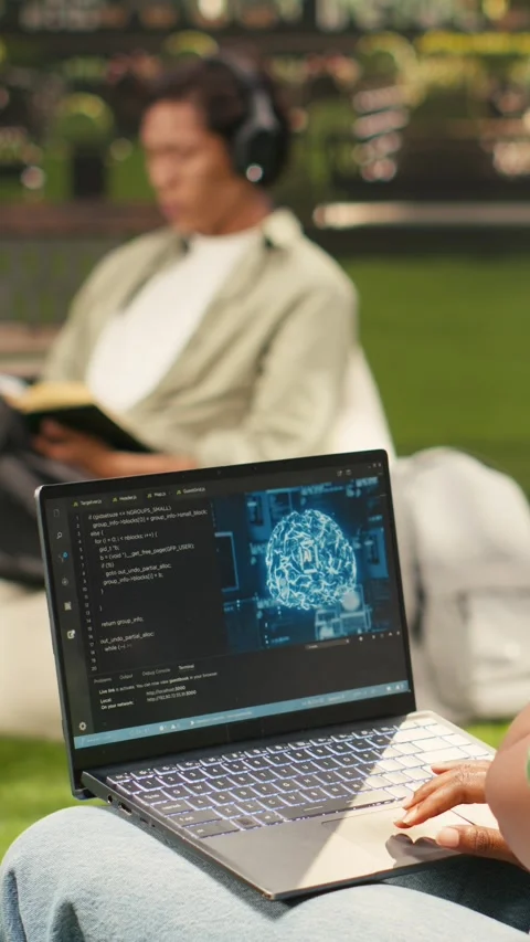 Vertical Video Woman student using binary code and artificial intelligence on Stock Footage 341321196