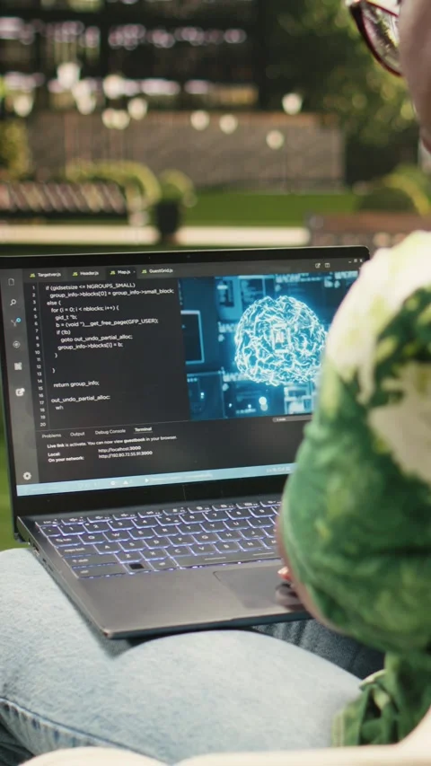 Vertical Video Woman student using binary code and artificial intelligence on Stock Footage 341321500