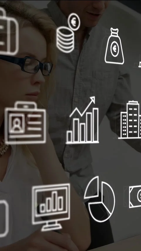 Vertical video: Woman studying docs desk, finance graphs floating, man entering Video stock 333135579