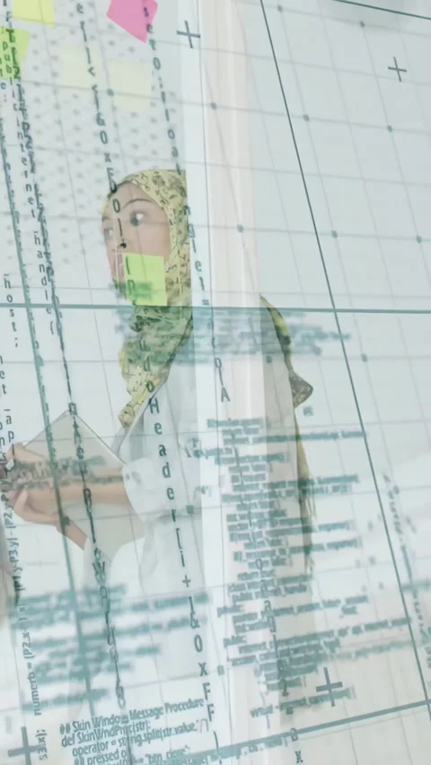 Vertical video: Woman with tablet scanning notes and leading biz sync while grid 動画素材 334600560
