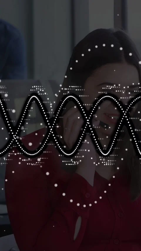 Vertical video: Woman taking work call, holding phone while waveform and dots Stock Footage 333079908