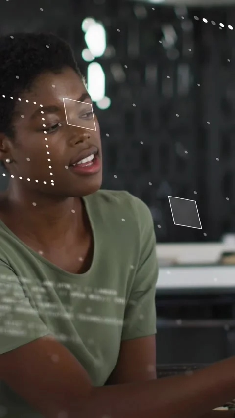 Vertical video: Woman talking in tech reaching and causing code overlays hiding Stock Footage 332823778