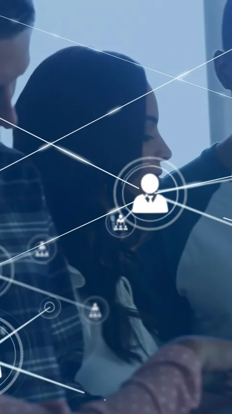 Vertical video: Woman tapping device, tech team sharing data, network icons Stock Footage 331030224