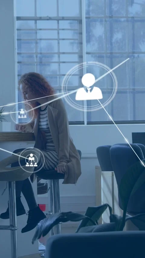 Vertical video: Woman tapping device on counter sparking network nodes filling Stock Footage 332595218