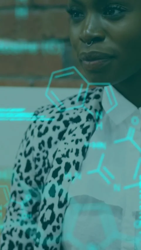 Vertical video: Woman tapping device bringing cyan molecular overlay face while Stock Footage 332644729