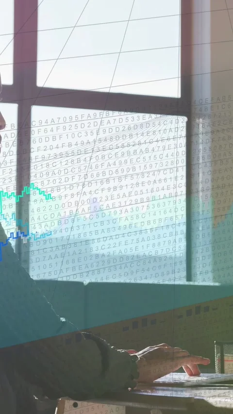 Vertical video: Woman tapping device by window, activating animated code and Stock Footage 333496334