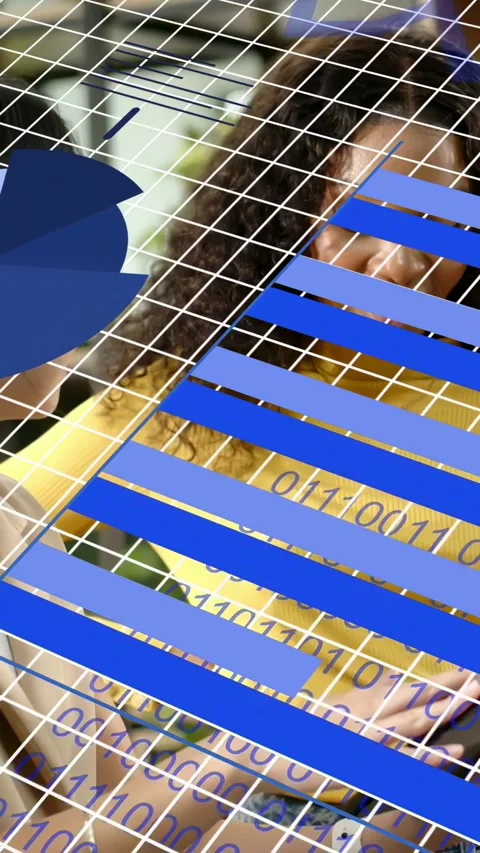 Vertical video: Woman tapping device, initiating charts and binary grid Stock Footage 333953473
