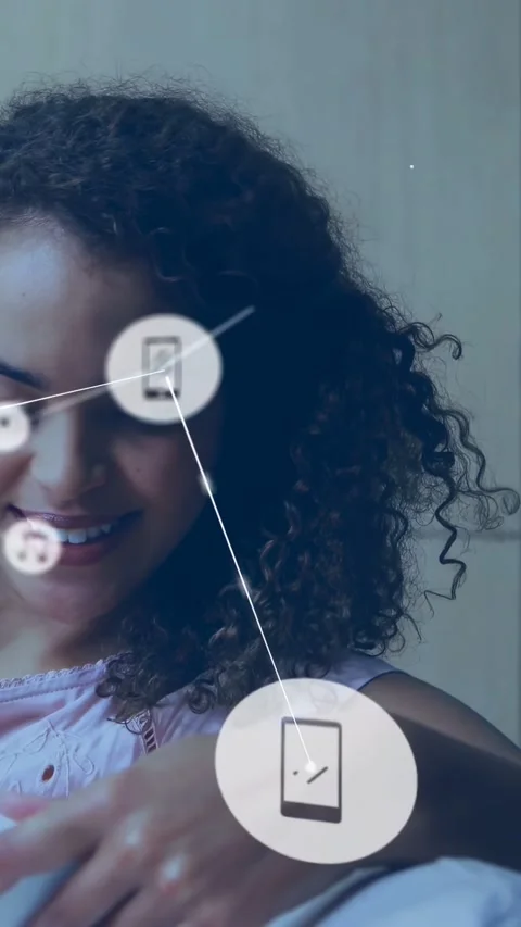 Vertical video: Woman tapping device, nodes appearing and forming network Stock Footage 334317544