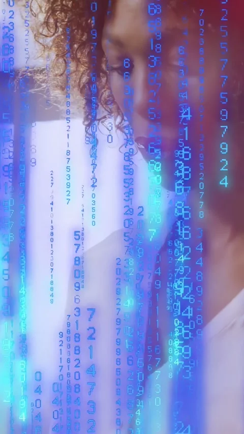 Vertical video: Woman tapping device by window causing blue code over face, Stock Footage 334530123