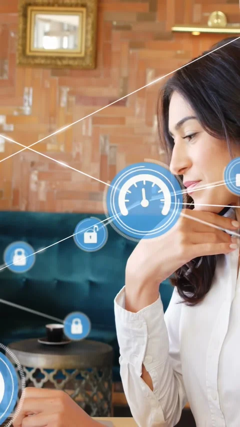 Vertical video: Woman tapping device in cafe, animating HUD locks into node Video stock 334598728