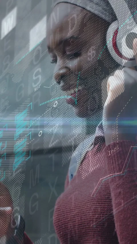 Vertical video: Woman tapping earcup and scrolling phone, testing audio, tech Stock Footage 333720995