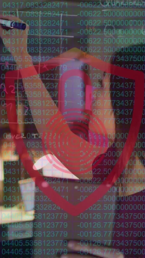 Vertical video: Woman tapping marker on glass drawing grid while shield and code Stock Footage 334599229