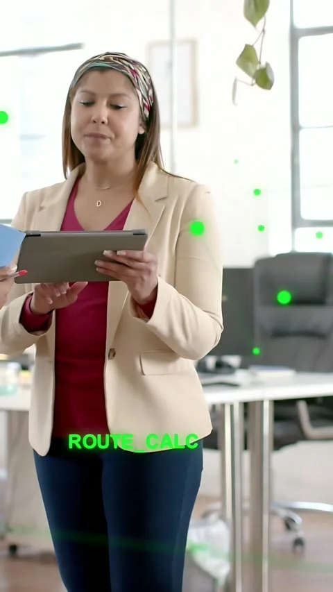 Vertical video: Woman tapping pad with card making ROUTE_CALC layers over face Stock Footage 333480359