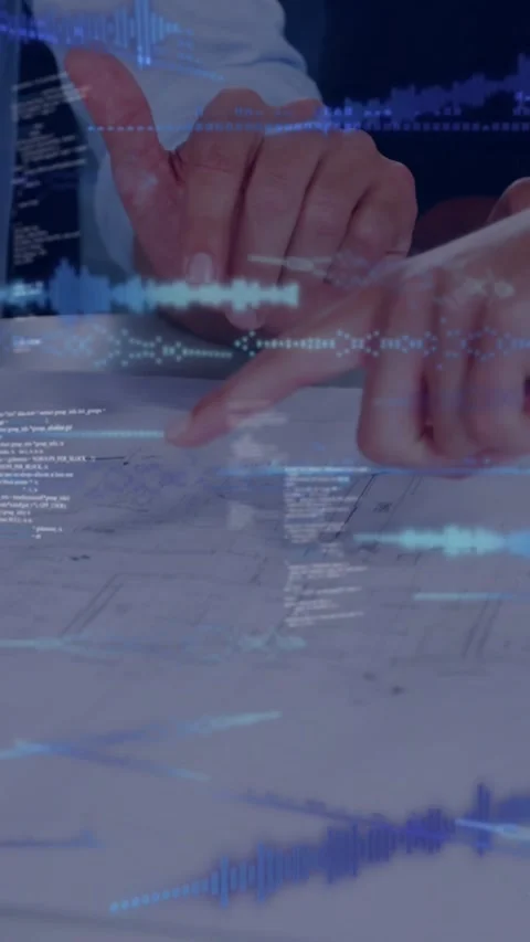 Vertical video: Woman tapping plan tracing sections men marking blue lines Stock Footage 329612845