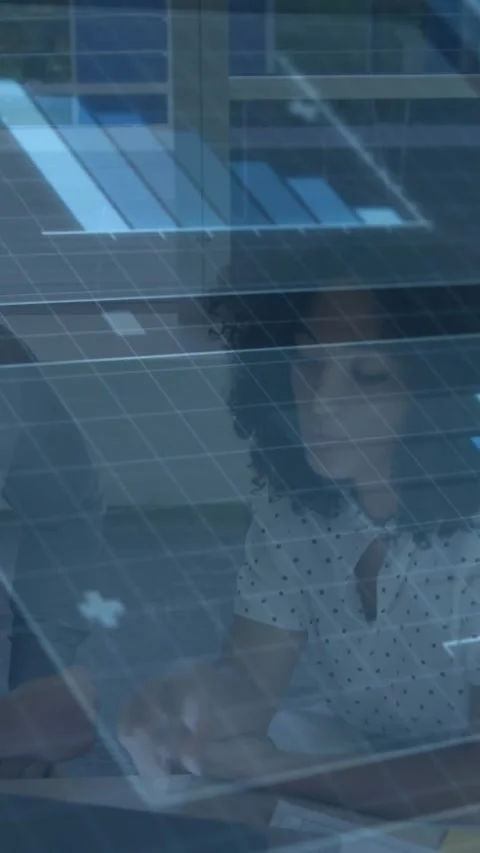Vertical video: Woman tapping plus icon on glass table, sliding to adjust blue Stock Footage 331738760